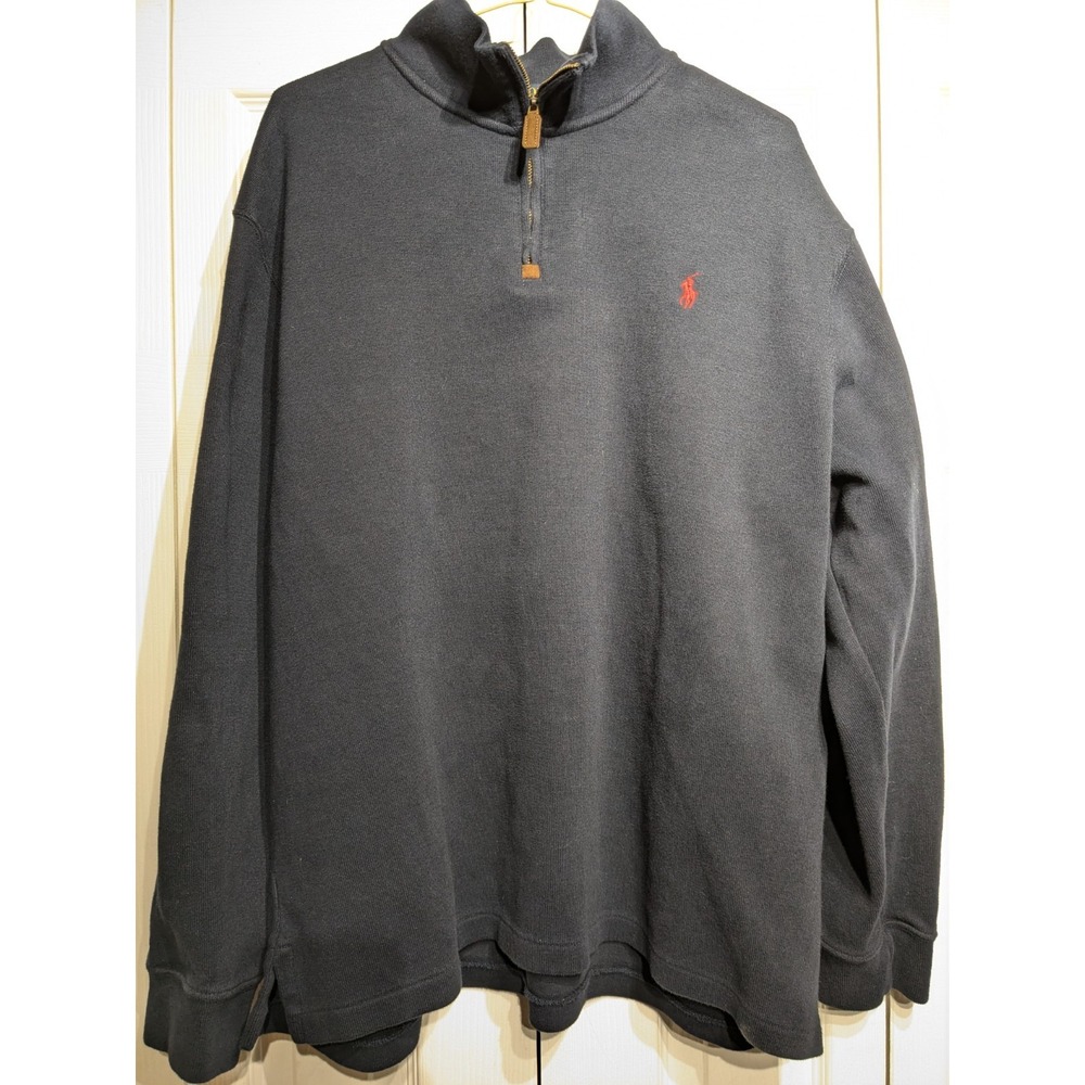 Polo Ralph Lauren Sweater Men XXL 2XL Navy 1/4 Zip Mock Neck Red Pony 100 Cotton